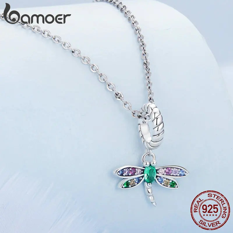 Bamoer 925 Sterling Silver Colorful Zircon Dragonfly Pendant Necklace Dainty Insect Neck Chain for Women Valentine's Day Gift
