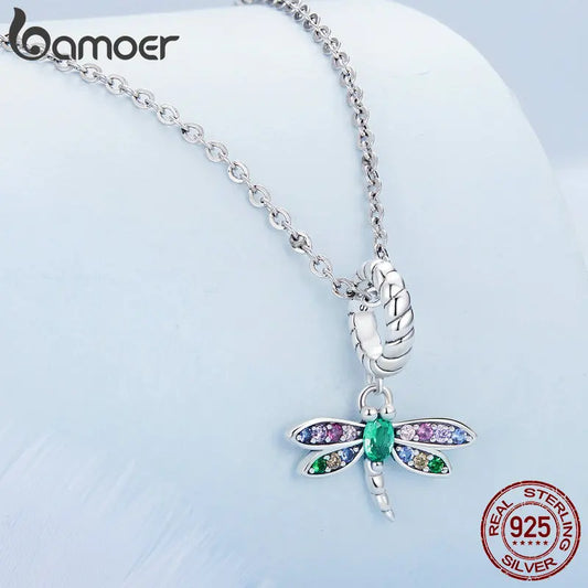 Bamoer 925 Sterling Silver Colorful Zircon Dragonfly Pendant Necklace Dainty Insect Neck Chain for Women Valentine's Day Gift