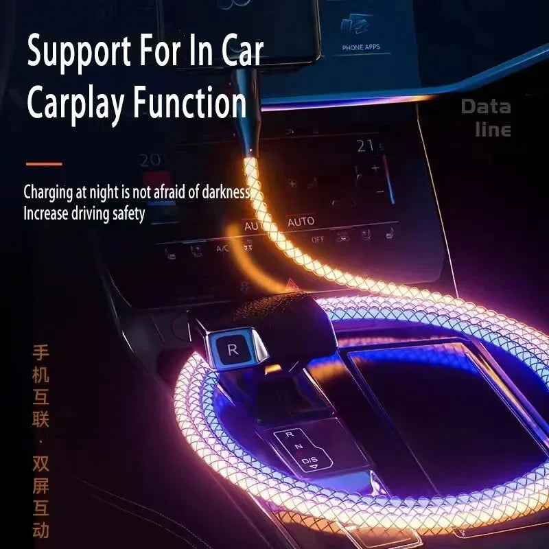 3 in 1 1.2M 6A Super Fast Charging Colorful Light Data Cable Drag Three RGB Breathing Gradient Car Charging Cable USB Universal