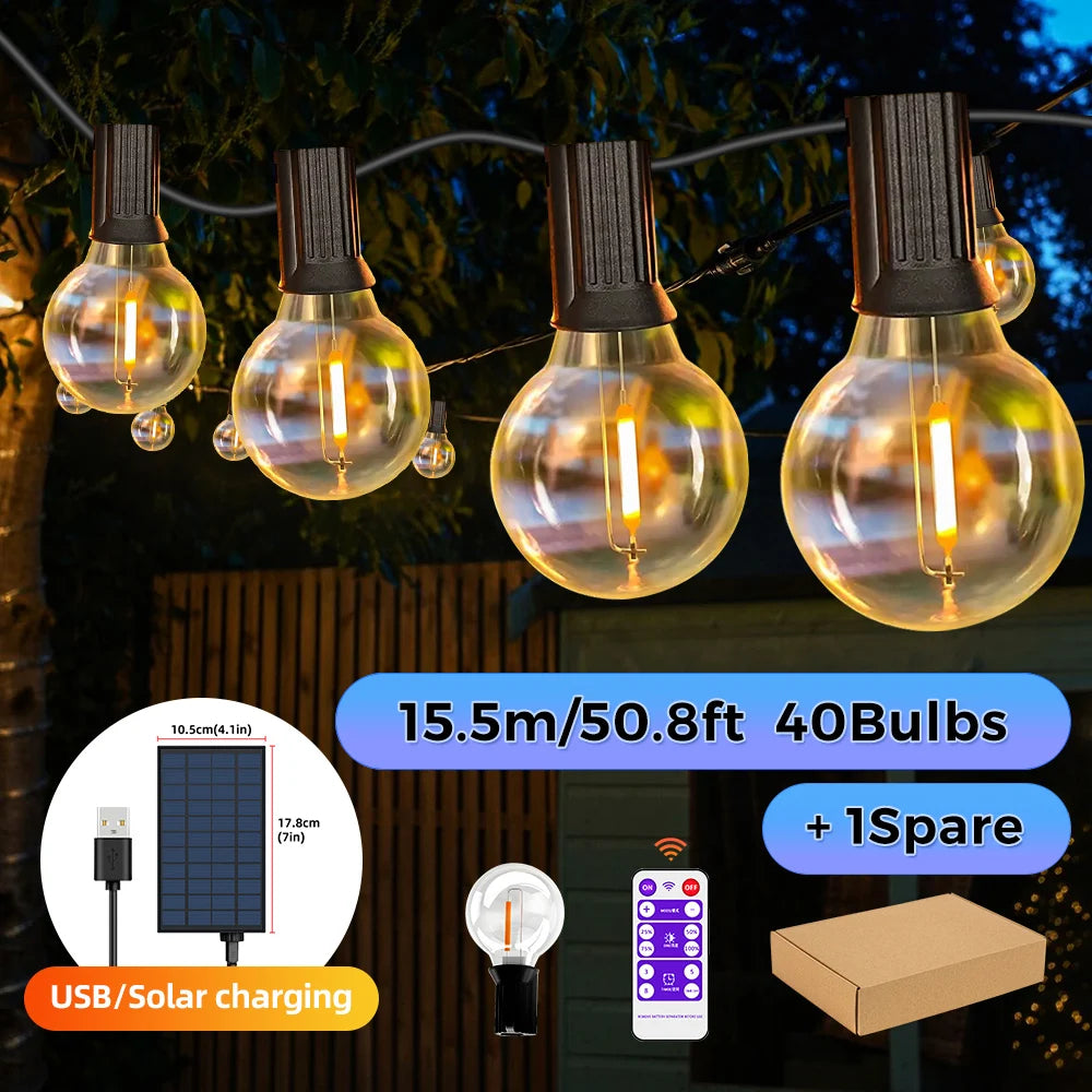 Solar String Lights Outdoor G40 Patio Lights, USB Recharger, 8 Light Modes, Shatterproof Bulbs , Weatherproof Hanging Light