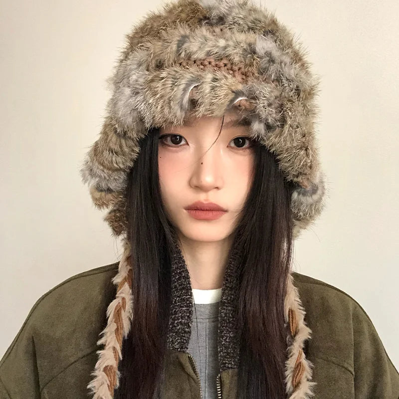 Rabbit Hair Mixed Wool Hat For Women Autumn And Winter Style Thickened And Warm Knitted Hat Cold-Proof And Ear-CoveringEd Hat