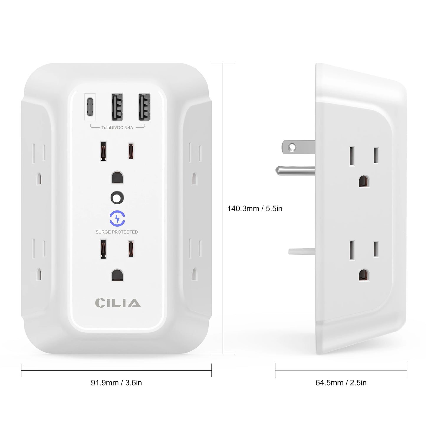 Surge Protector,Wall Plug ,Power Outlet Multi-Purpose Socket with Standard Grounding US Standard Power Extension，2USB,1Type-C