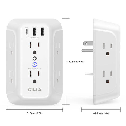 Surge Protector,Wall Plug ,Power Outlet Multi-Purpose Socket with Standard Grounding US Standard Power Extension，2USB,1Type-C