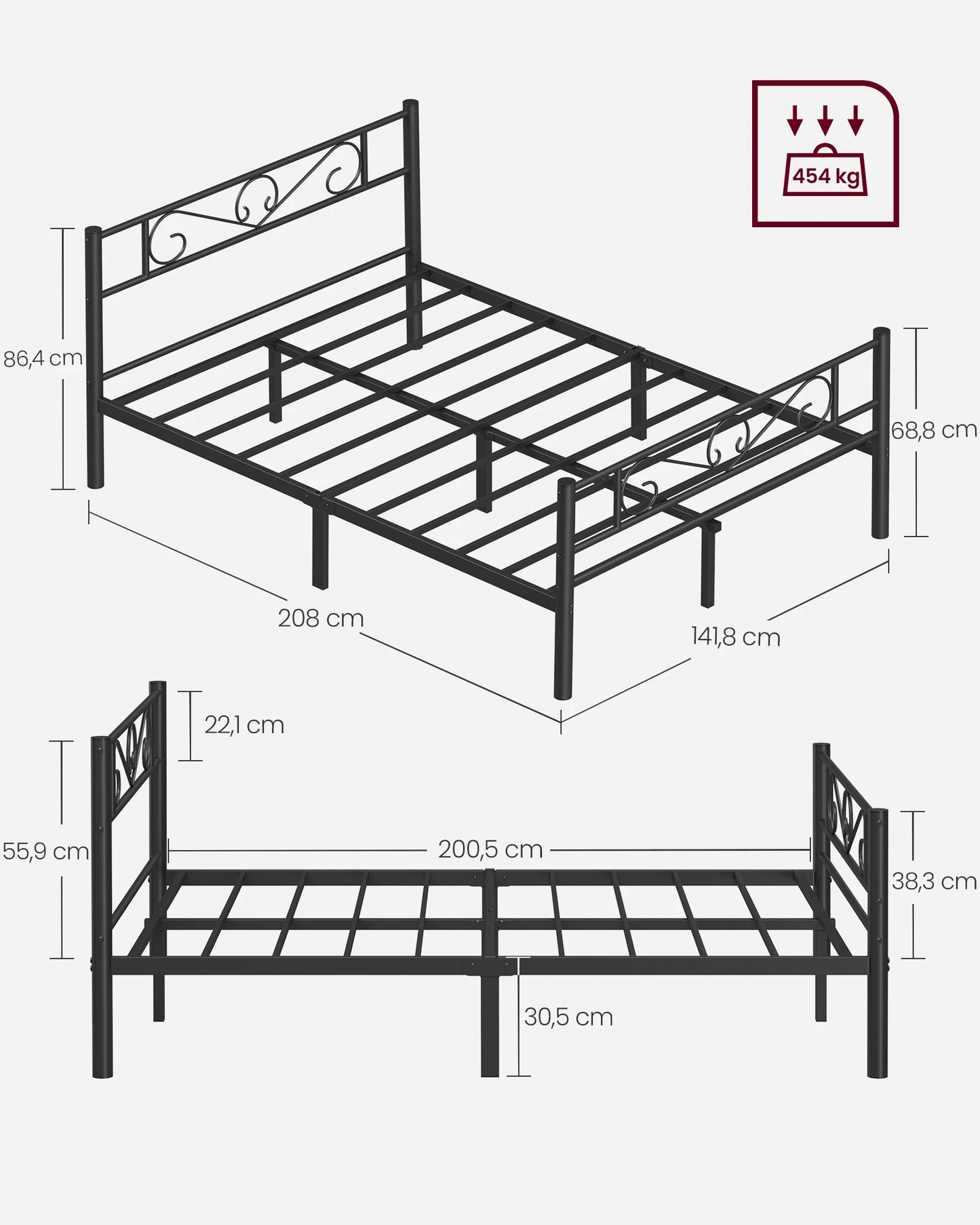 VASAGLE bed 140x200 cm, guest bed, metal double bed, bed frame, bed frame