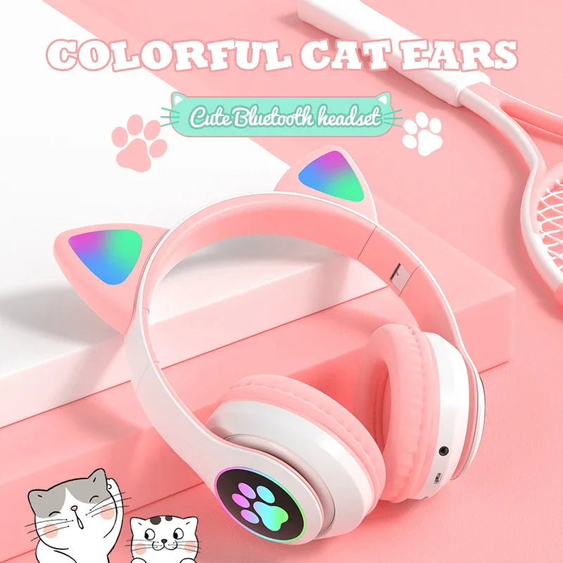 Flash Lamp Cute Cat Ears Headphone Bluetooth5.0 Stereo With Mic Support TF Card Wireless Kids Girl Earphone Birthday Gift