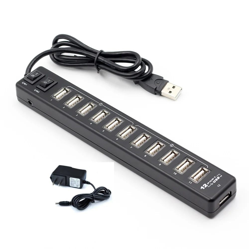 High Quality USB Hub 12 Ports USB 2.0 Hub Multi Usb Splitter Switch with EU / US Power Adapter for printers speakers MP3 player