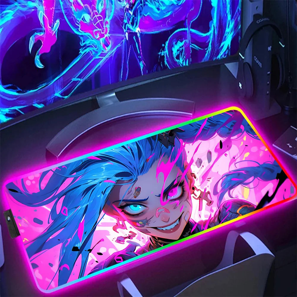 Hot Anime Game Graffiti Jinxs RGB Pc Gamer Keyboard Mouse Pad Mousepad LED Glowing Mouse Mats Rubber Gaming Computer Mausepad