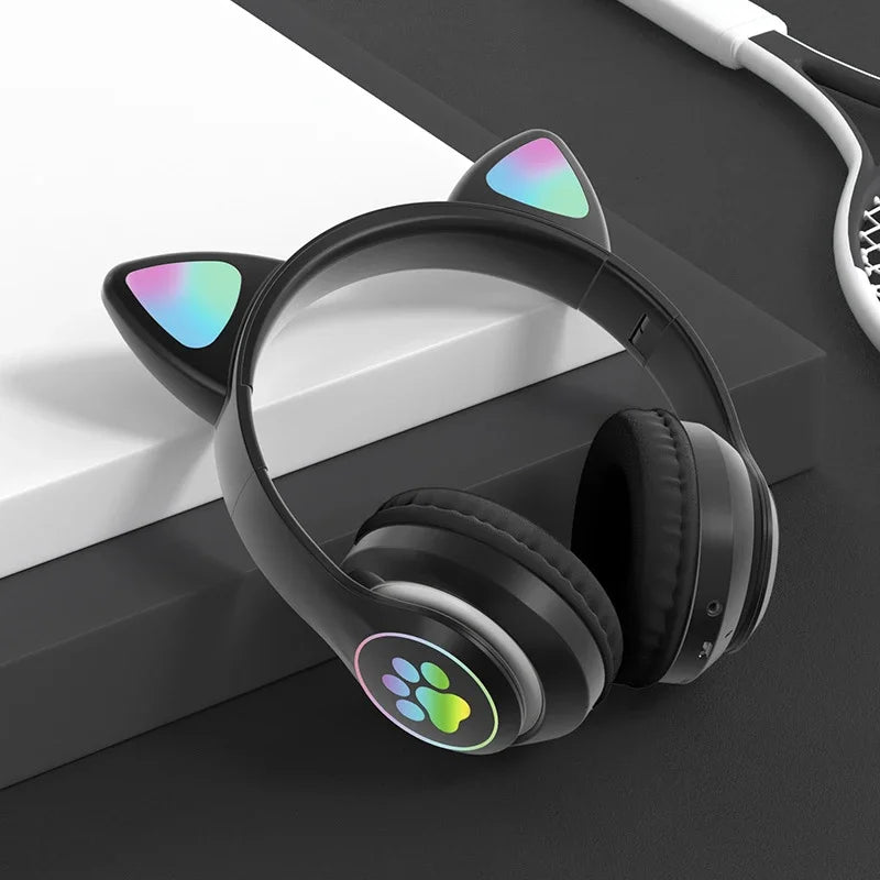 Flash Lamp Cute Cat Ears Headphone Bluetooth5.0 Stereo With Mic Support TF Card Wireless Kids Girl Earphone Birthday Gift
