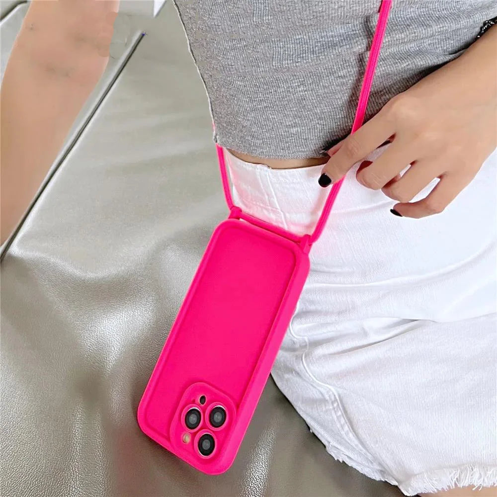 Phone Case For iPhone 14 13 15 16 Pro Max 17 Air 16E 12 11 X XS 8 Plus SE2022 Crossbody Adjustable Lanyard Strap Rope Soft Cover