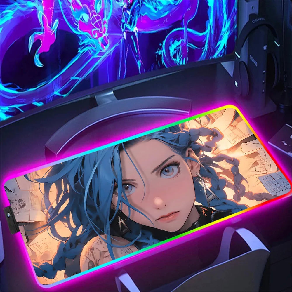 Hot Anime Game Graffiti Jinxs RGB Pc Gamer Keyboard Mouse Pad Mousepad LED Glowing Mouse Mats Rubber Gaming Computer Mausepad