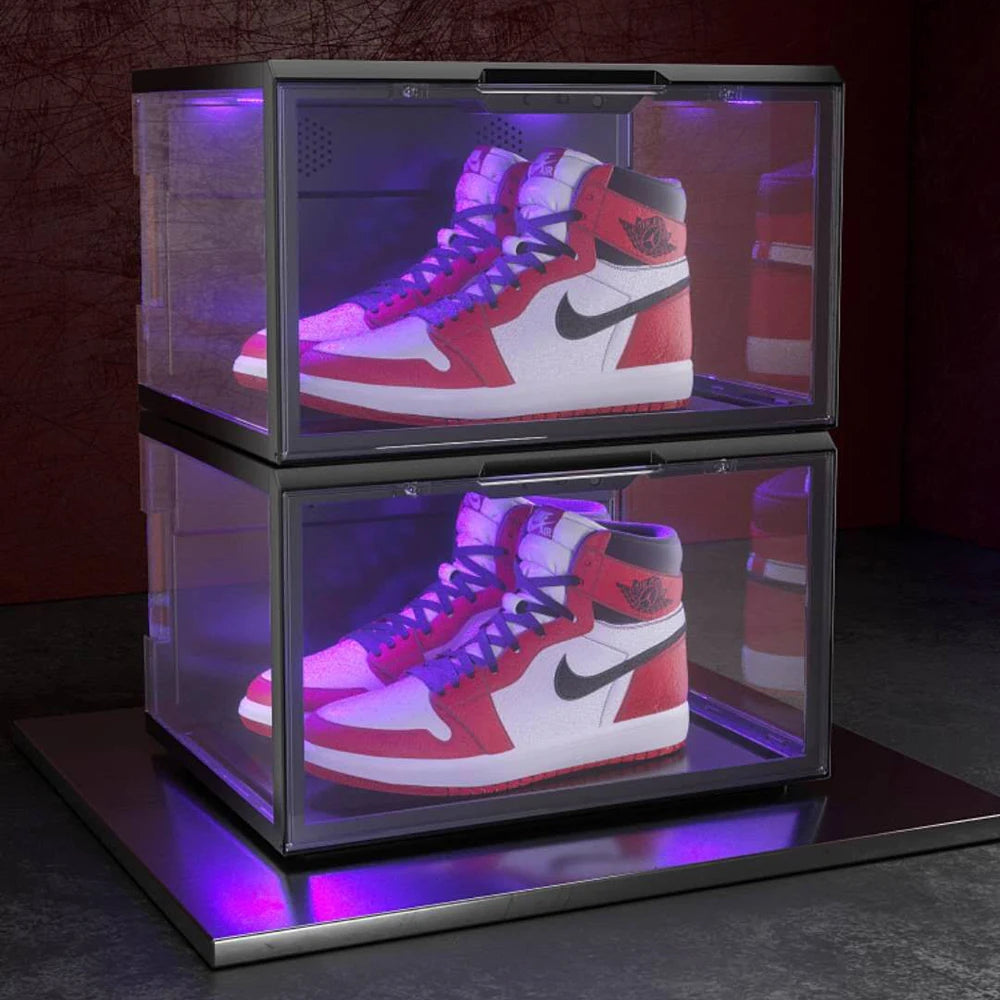 Sound Activated Plastic Led Shoe Box Container Magnetic Custom Giant Transparent Led Shoe Boxes Stackable Led Shoe Storage