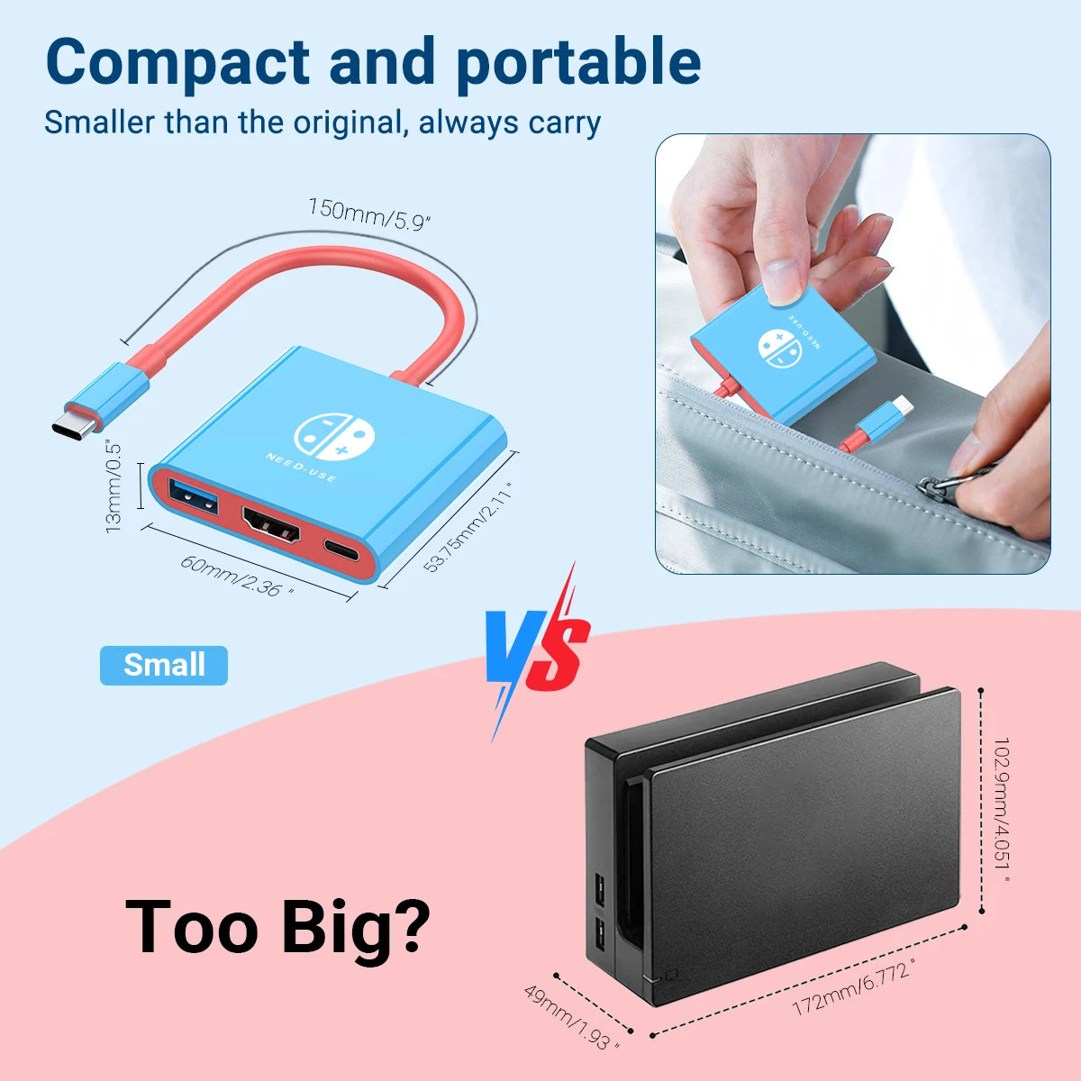 Portable 3 in 1 Game Docking Station TYPE-C Hub with HDMI and USB 3.0 Perfect for Travel and Gaming