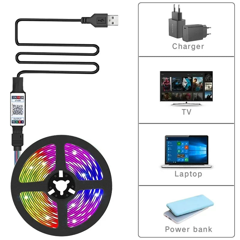 Gaming RGB LED Light Strip USB 5V 5050 Music Sync Flexible Tape Christmas Lights Remote & APP Control for Desk Room Decorations