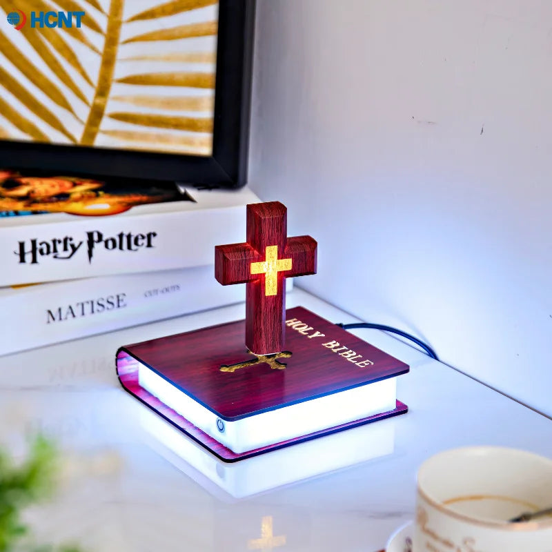 Levitating Cross Lamp Bible Floating Cross Night Light with Colorful Magnetic Levitation Christian Gift Spiritual Home Decor