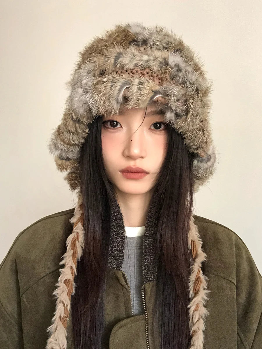 Rabbit Hair Mixed Wool Hat For Women Autumn And Winter Style Thickened And Warm Knitted Hat Cold-Proof And Ear-CoveringEd Hat