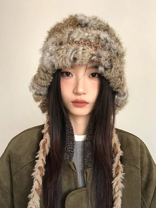 Rabbit Hair Mixed Wool Hat For Women Autumn And Winter Style Thickened And Warm Knitted Hat Cold-Proof And Ear-CoveringEd Hat