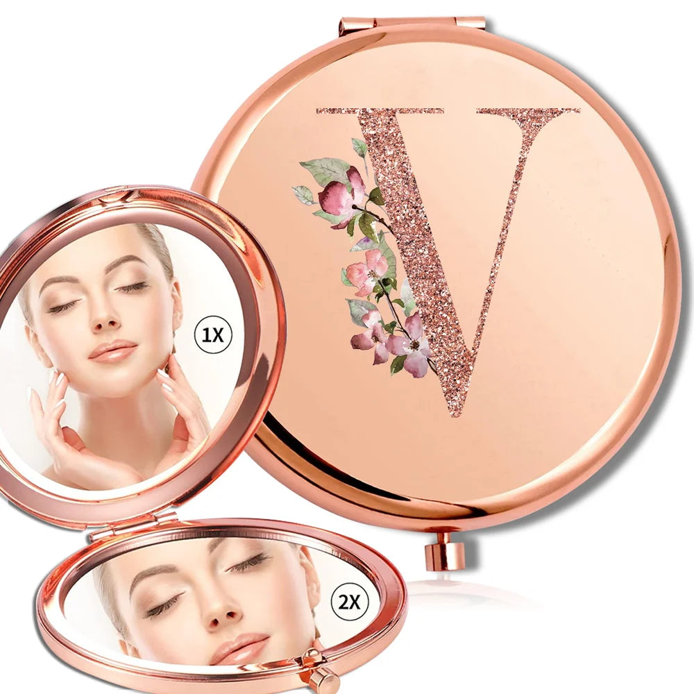 Magnifying Makeup Round Mirror Double Sided Metal Cosmetic Portable Look Glass Compact Handheld Mirror Rose Gold Letter Pattern