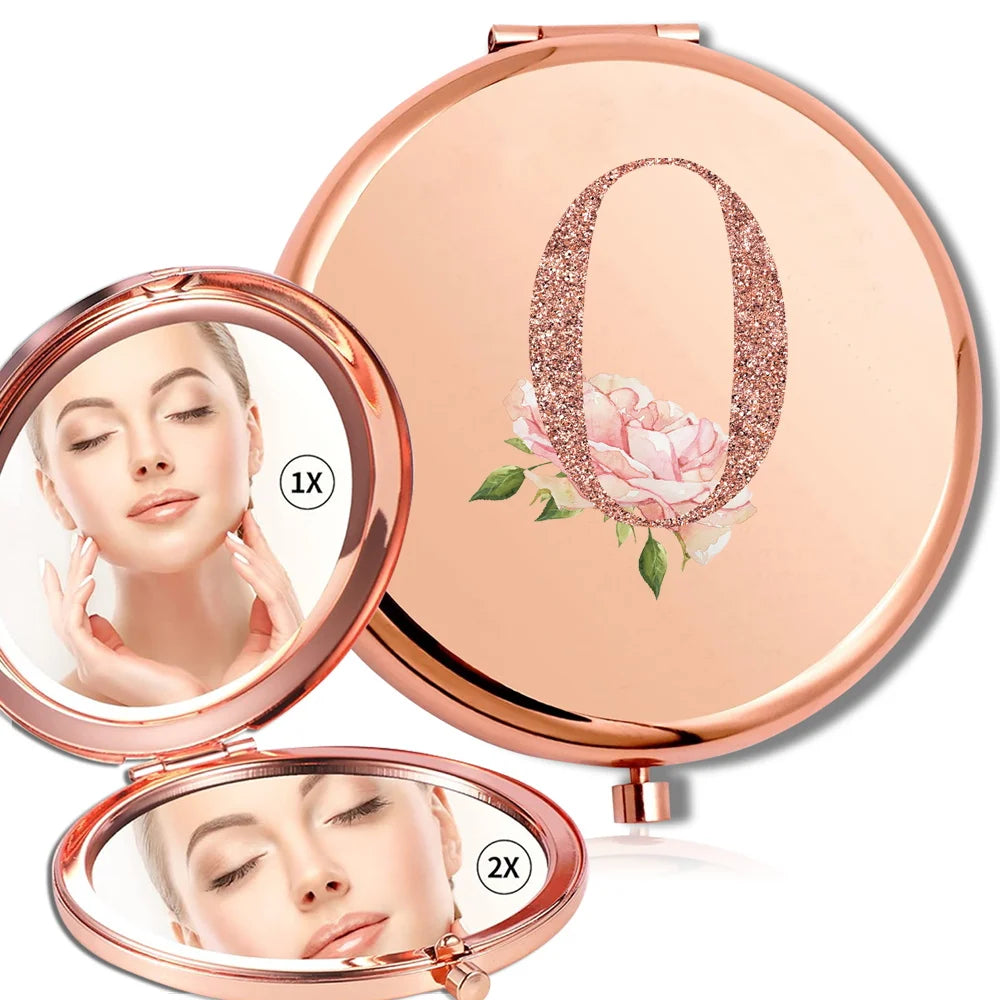 Magnifying Makeup Round Mirror Double Sided Metal Cosmetic Portable Look Glass Compact Handheld Mirror Rose Gold Letter Pattern