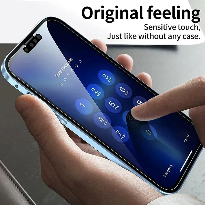 Double Sided Buckle Magnetic Glass Case For iPhone 17 16 15 14 13 12 Pro Max Air Mini Plus 360° Full Body Protection Phone Cover