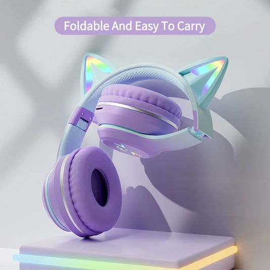 RGB Cat Ear Wireless Headphones Glow with Microphone Stereo Music Sport Headset Gaming Headphones For Kids Girls Gifts