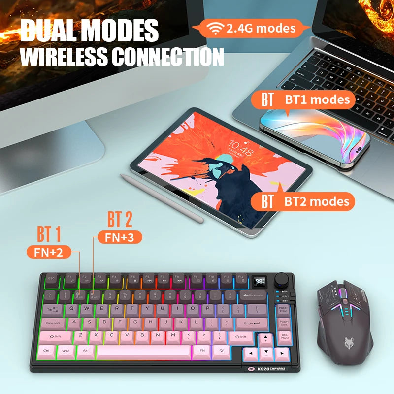 Dual Modes Gaming Keyboard Mouse Combos Computer Laptop Backlight Gamer Kit LED Wireless Usb Keyboard with Display Screen & Knob