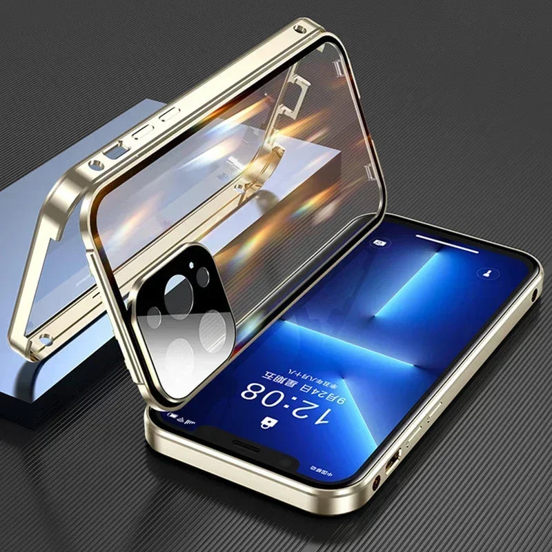 Double Sided Buckle Magnetic Glass Case For iPhone 17 16 15 14 13 12 Pro Max Air Mini Plus 360° Full Body Protection Phone Cover