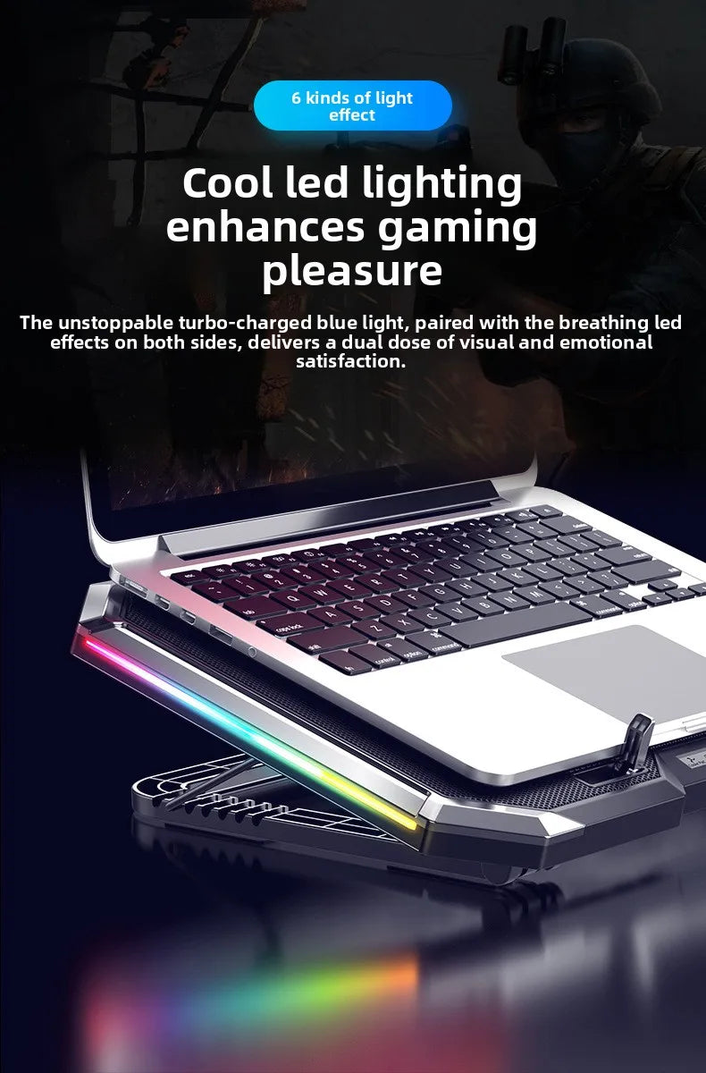 17 inch gaming laptop cooler, 6-fan LCD screen, two USB ports, 1500RPM laptop cooling pad, RBG luminous laptop stand