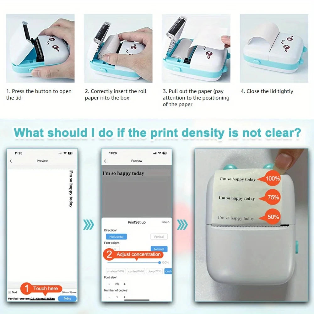 Mini Bluetooth Thermal Printer 200dpi for Labels, Photos, and Memo Printing - Portable with USB Cable