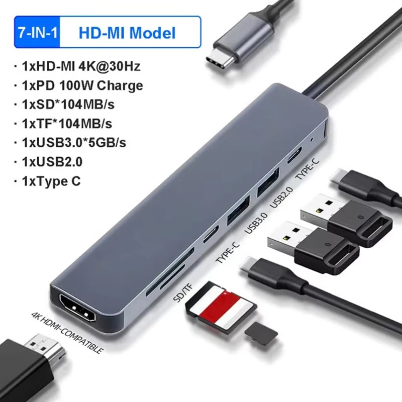 USB 3.0 Type-C Hub HDMI-compatible Adapter 4K Thunderbolt 3 USB C Hub 3.0 TF SD Reader Slot PD for MacBook Pro/Air/Huawei Mate