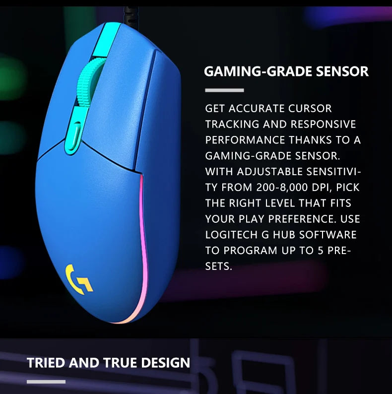 Official Logitech G203 Mouse for Gaming, Lightsync RGB with 3 Zones, 25G Acceleration, 200 IPS Tracking Speed