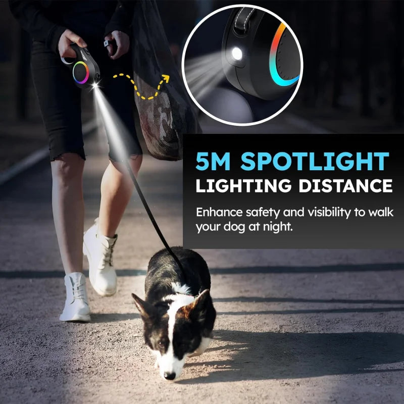 Retractable Dog Leash with LED Flashlight for Small Medium Large Breed Dogs