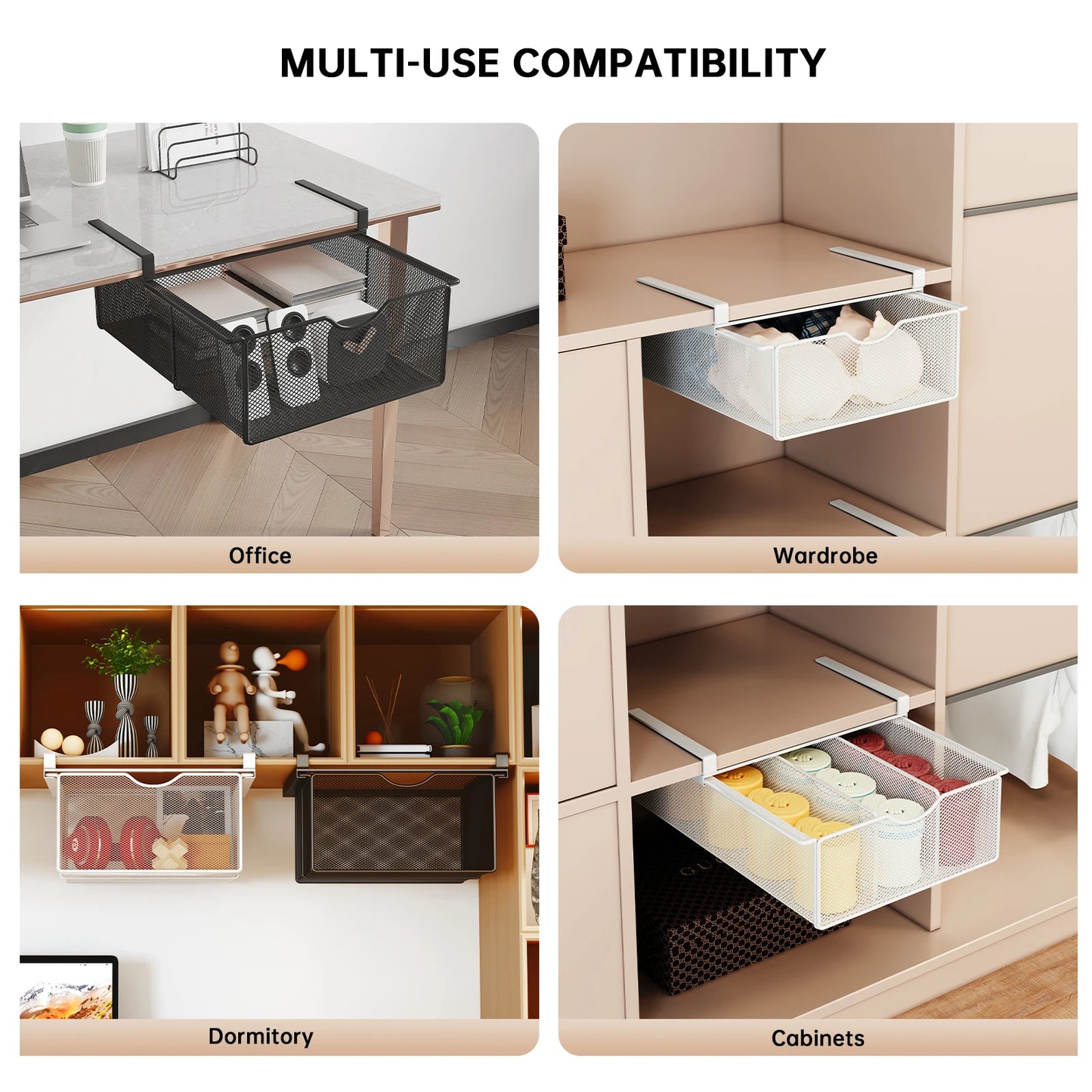 Under-Desk Drawer with Rod, Invisible Storage Box under the Desk, Workstation Transformation Tool, Student Desk Side Shelf