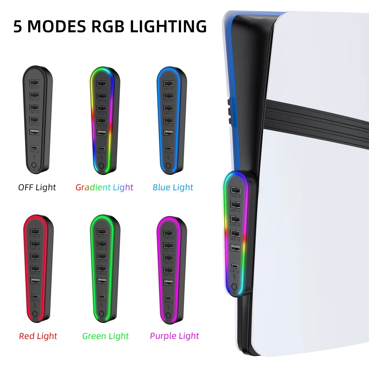 6 Ports USB Hub Splitter Expander Hub Charger Controller Splitter Expansion Adapter RGB lighting with 5 modes For PS5 Slim/Pro