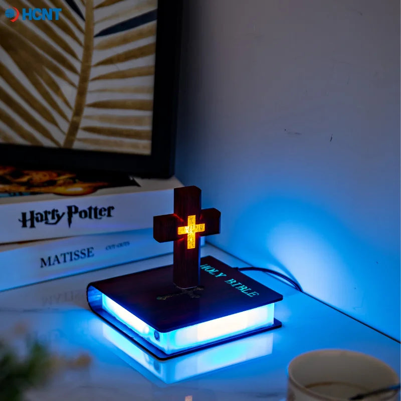 Levitating Cross Lamp Bible Floating Cross Night Light with Colorful Magnetic Levitation Christian Gift Spiritual Home Decor