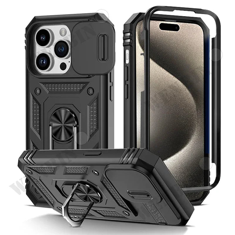 Case For iPhone 17 Pro Max 16 15 14 13 Pro Max 16E Heavy Duty With Camera 360 Degree Kickstand Cover Capa Fundas