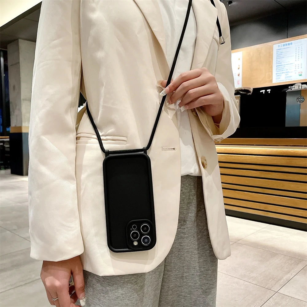 Phone Case For iPhone 14 13 15 16 Pro Max 17 Air 16E 12 11 X XS 8 Plus SE2022 Crossbody Adjustable Lanyard Strap Rope Soft Cover