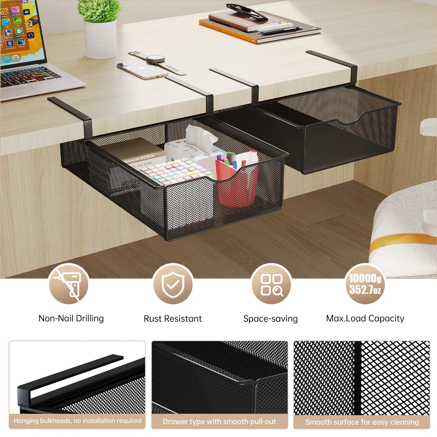 Under-Desk Drawer with Rod, Invisible Storage Box under the Desk, Workstation Transformation Tool, Student Desk Side Shelf