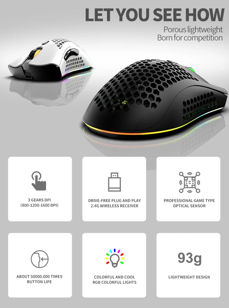 BM600 Rechargeable USB 2.4G Wireless RGB Light Honeycomb Gaming Mouse Desktop PC Computers Notebook Laptop Mice Mause Gamer Cute