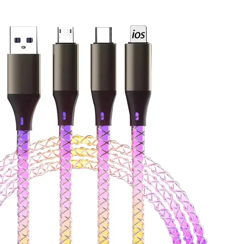 3 in 1 1.2M 6A Super Fast Charging Colorful Light Data Cable Drag Three RGB Breathing Gradient Car Charging Cable USB Universal