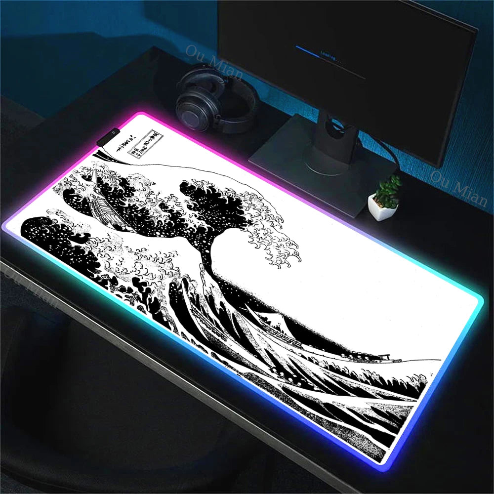 900x400mm RGB Mouse Pad The Great Wave off Kanagawa Design Waterproof Backlit Gaming Mousepad Protector with Laptop Accesso Mat