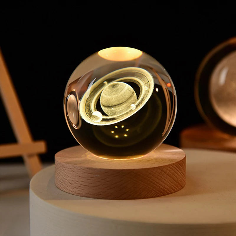 3D Crystal Ball LED Warm Night Light Wooden Base Laser Engraved Solar System Globe Galaxy Birthday Gift Home Desktop Decoration