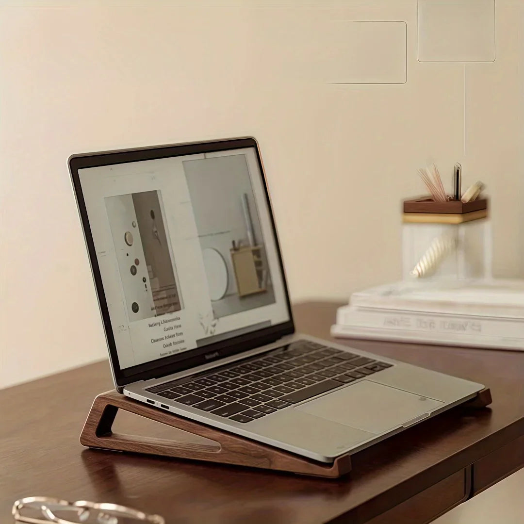 Portable Foldable Wooden Laptop Stand-Ergonomic 12° Adjustable Angle, Cooling Ventilation Triangular Design,Office Accessory