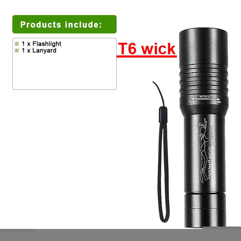 Powerful LED Diving Flashlight Zoomable Underwater Torch  Professional Diving 300M Dive Lights IPX8 Waterproof Fishing Lantern