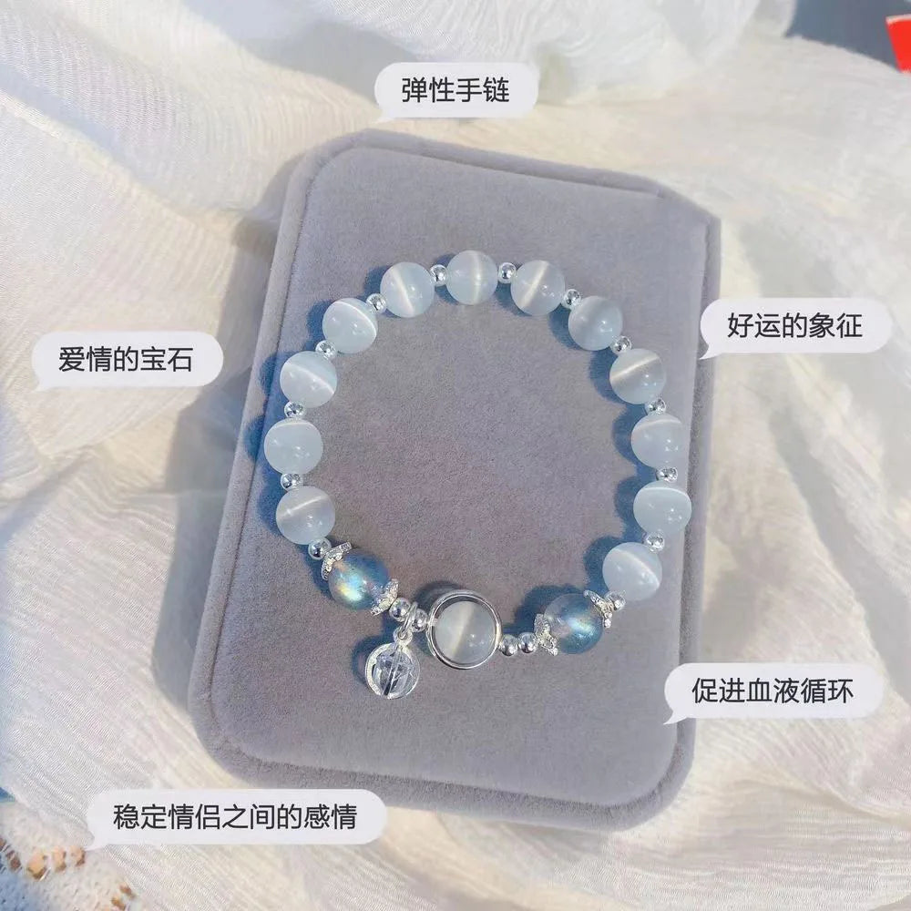 925 Sterling Silver Blue Treasure Moonlight Stone Crystal Bracelet for Women Luxury Elastic Hand Jewelry Fashion Gifts