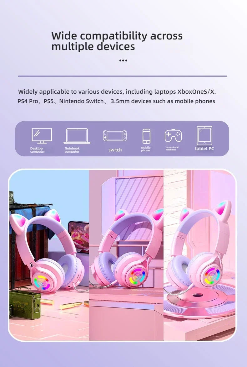 RGB Lighting Headphone For PC Computer iPad Cat Ear Gaming Headset Noise Reduction Headphones With Microphone Children Gift