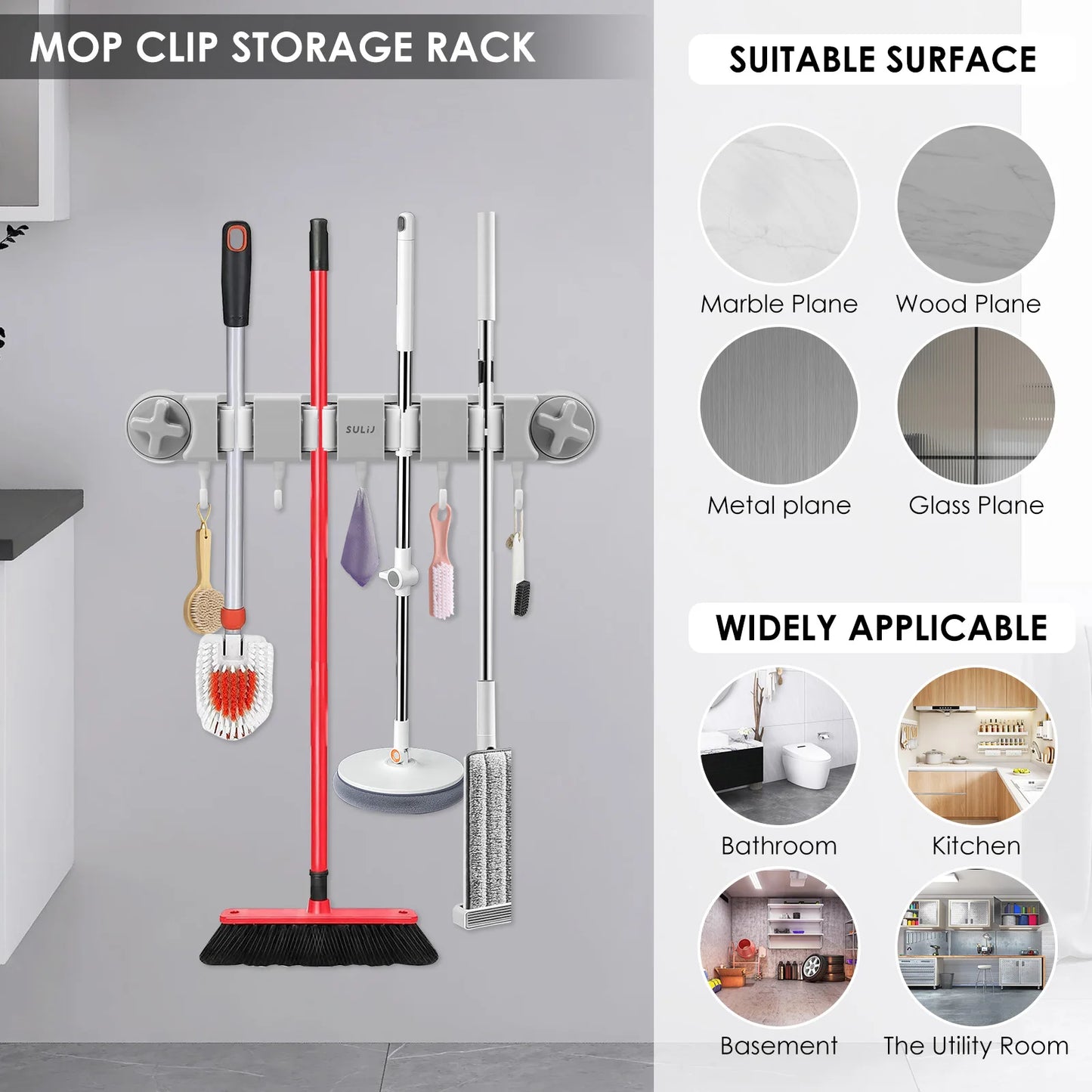 Upgrade Broom Holder Multifunctional Magic Mop Holder With Vacuum Suction Cup Wall-Mounted Broom Drain Bathroom Organizer NEW