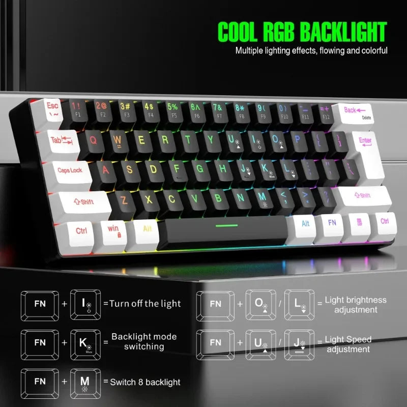 Wired Black & White 61-key Mini RGB Backlit Gaming Keyboard with Mechanical Feel Portable and Compact for Business & Office Use