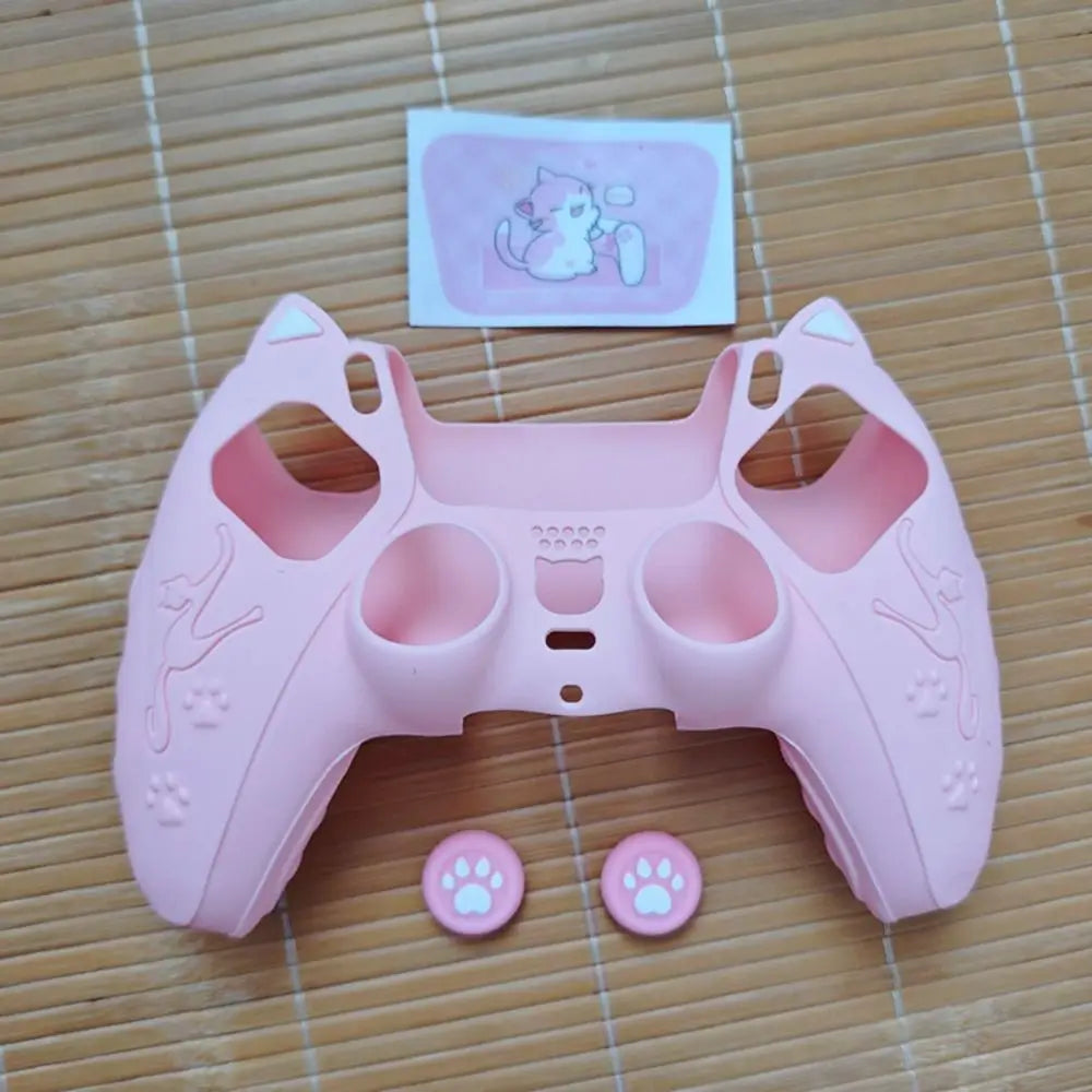 Silicone Controller Case Set with Thumb Grip Caps Cat Paw Controller Skin with Sticker Anti-slip Protective Shell Cover for PS5