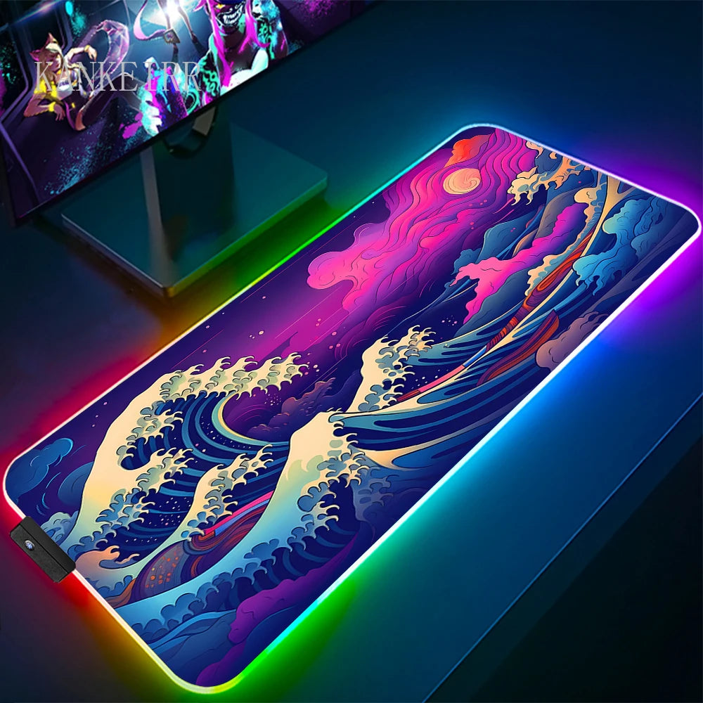 The Great Wave off Kanagawa RGB Gaming Mouse Pad Desk Mat LED Light Mousepad Artistic Computer Carpet With Backlit Mouse Pads