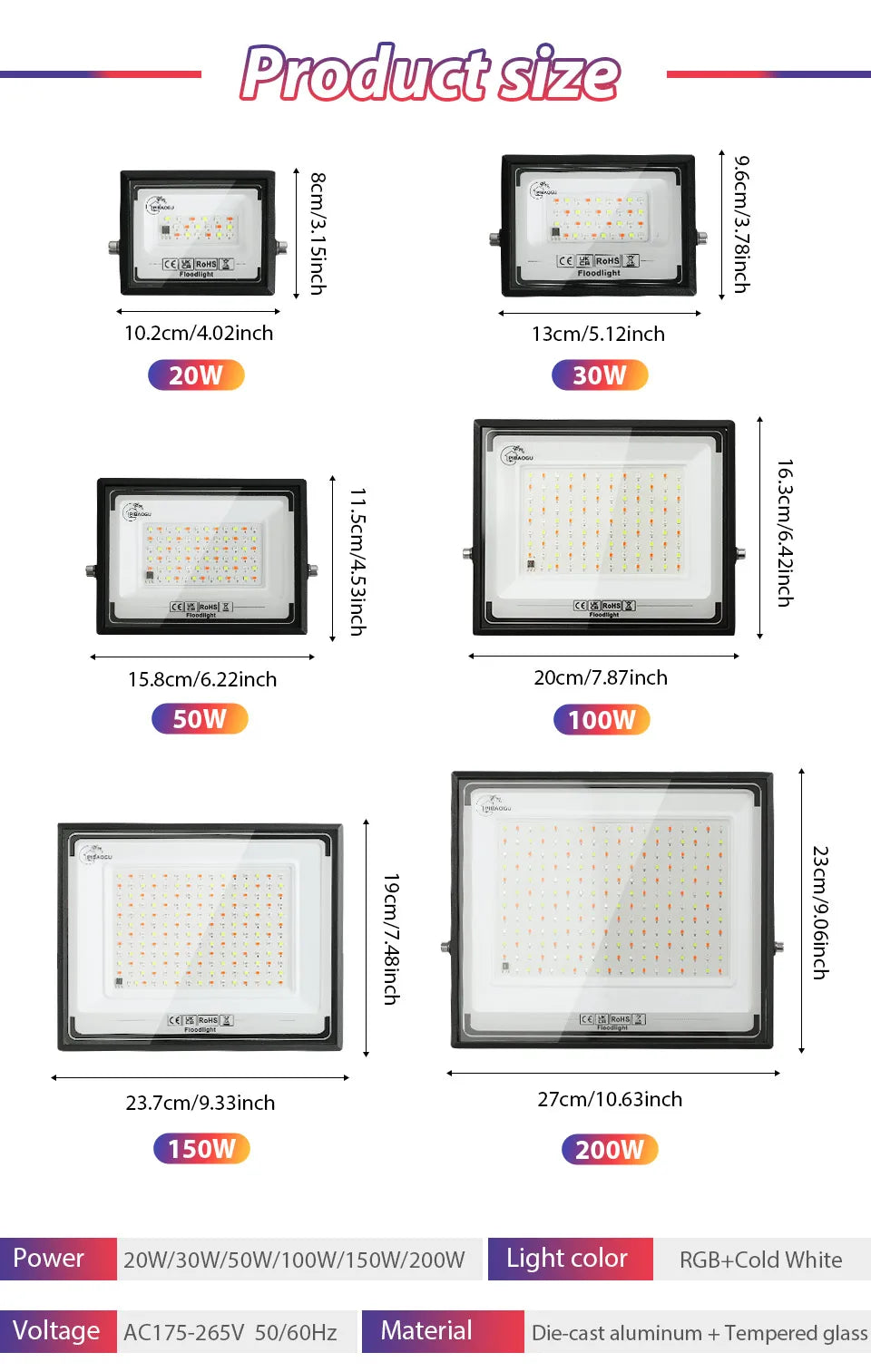 RGB LED Floodlight Remote Control 20W 30W 50W 100W 150W 200W Outdoor Spotlights AC220V Waterproof IP66  Outdoor Ambient Light